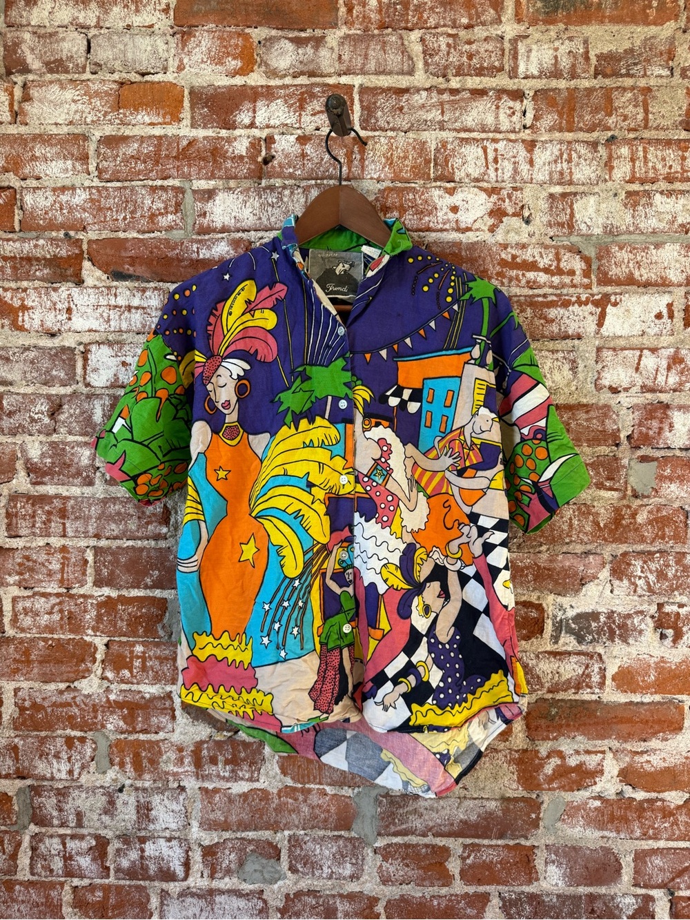 Vtg Trendi Mardi Gras All Over Graphic Short Sleeve Button Up Shirt  Size S
